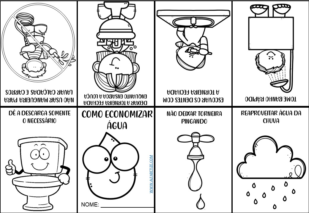 Atividade didática sobre o uso racional da água, para colorir, recortar